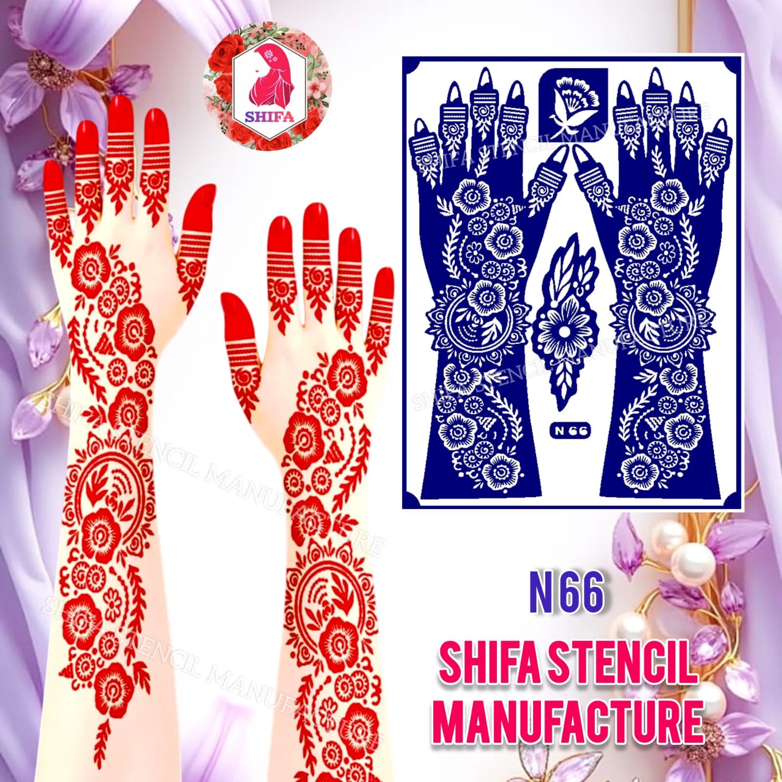 N66 Royal Bloom Symphony Double Hand Henna Stencil - Shifa Stencil